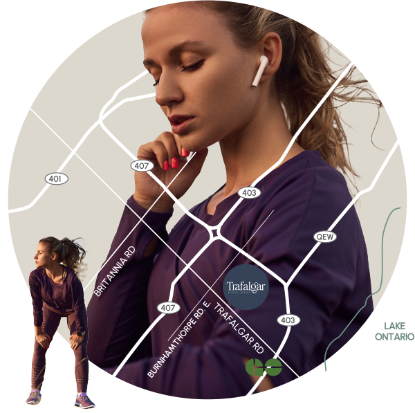 Girl smiling with Trafalgar Highlands location map, showing the community’s prime spot