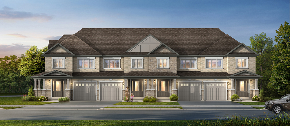 Exterior view of Trafalgar Highlands community showcasing modern townhomes and single-detached houses