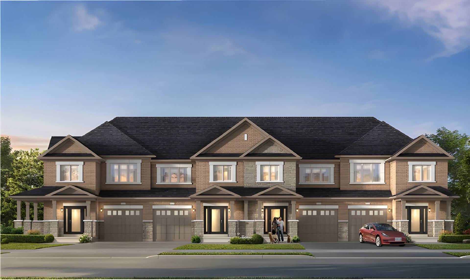 Exterior view of Trafalgar Highlands community showcasing modern townhomes and single-detached houses -1